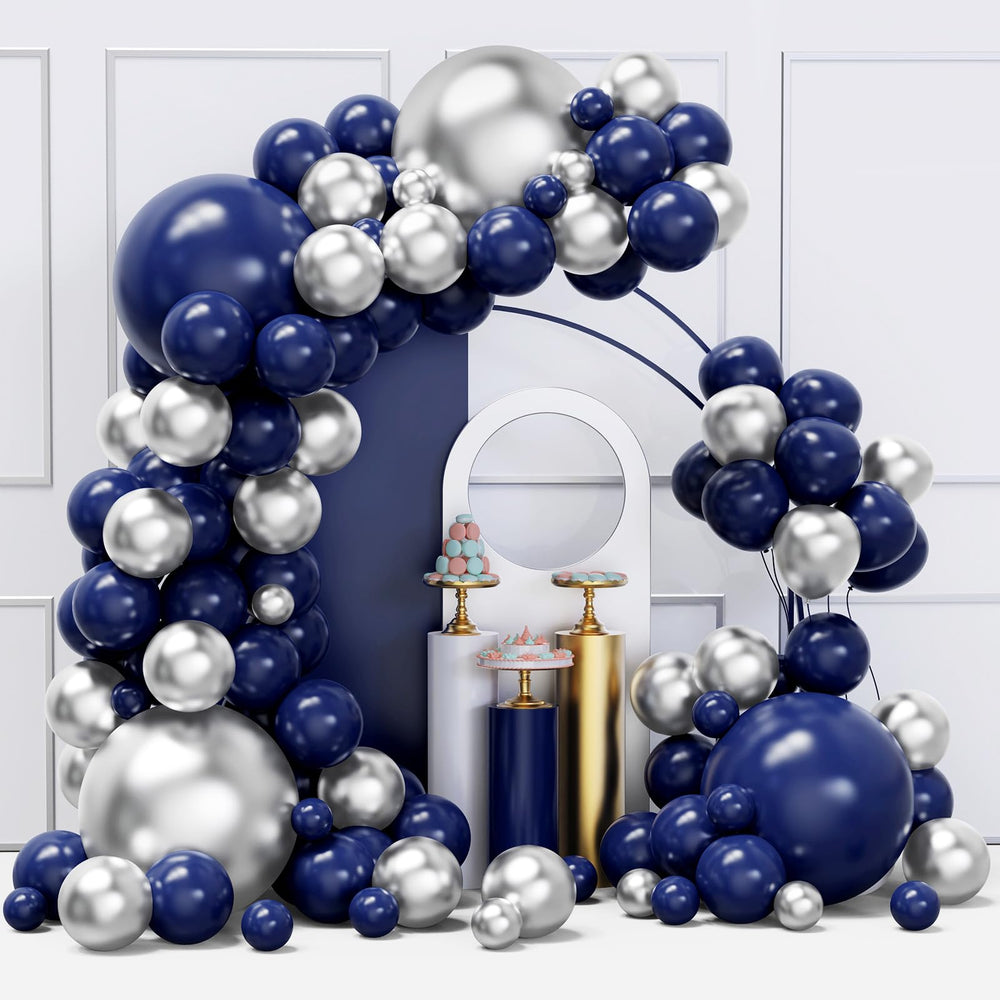 YMSZ blue and silver balloon arch kit creates a dramatic party backdrop.