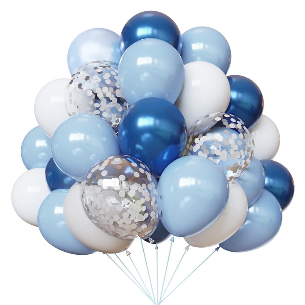 YMSZ blue and white balloon bundle for stylish baby shower decor.