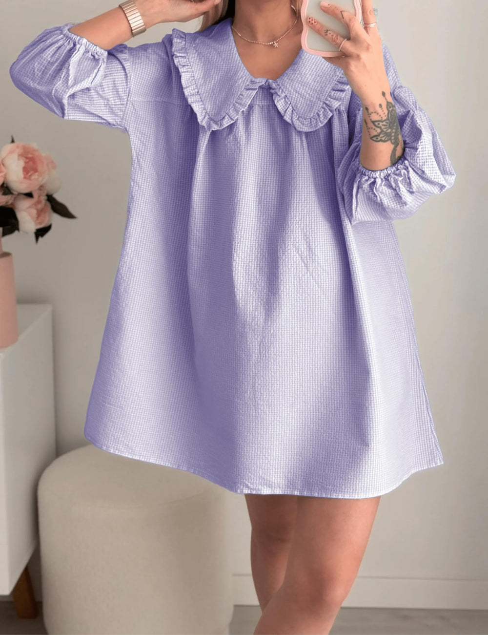 Ynhonra puff sleeve plaid mini dress, perfect for warm days
