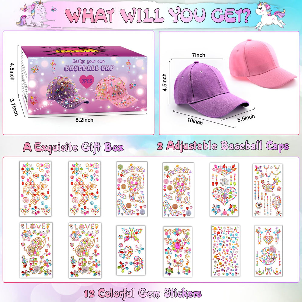 Yoart unicorn gems stickers cap pink showcases colorful design for kids.