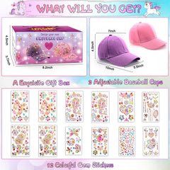 Yoart unicorn gems stickers cap pink showcases colorful design for kids.