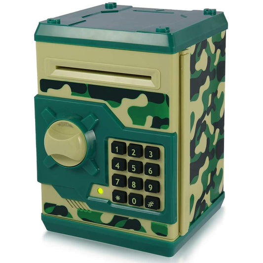 Yoego Kids Money Bank front view in green camo showing sturdy design for savings
