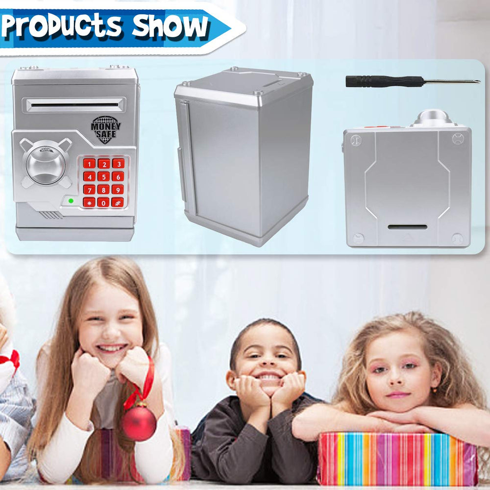 Yoego Kids Money Bank silver password dial emphasizes secure access with four-digit code.