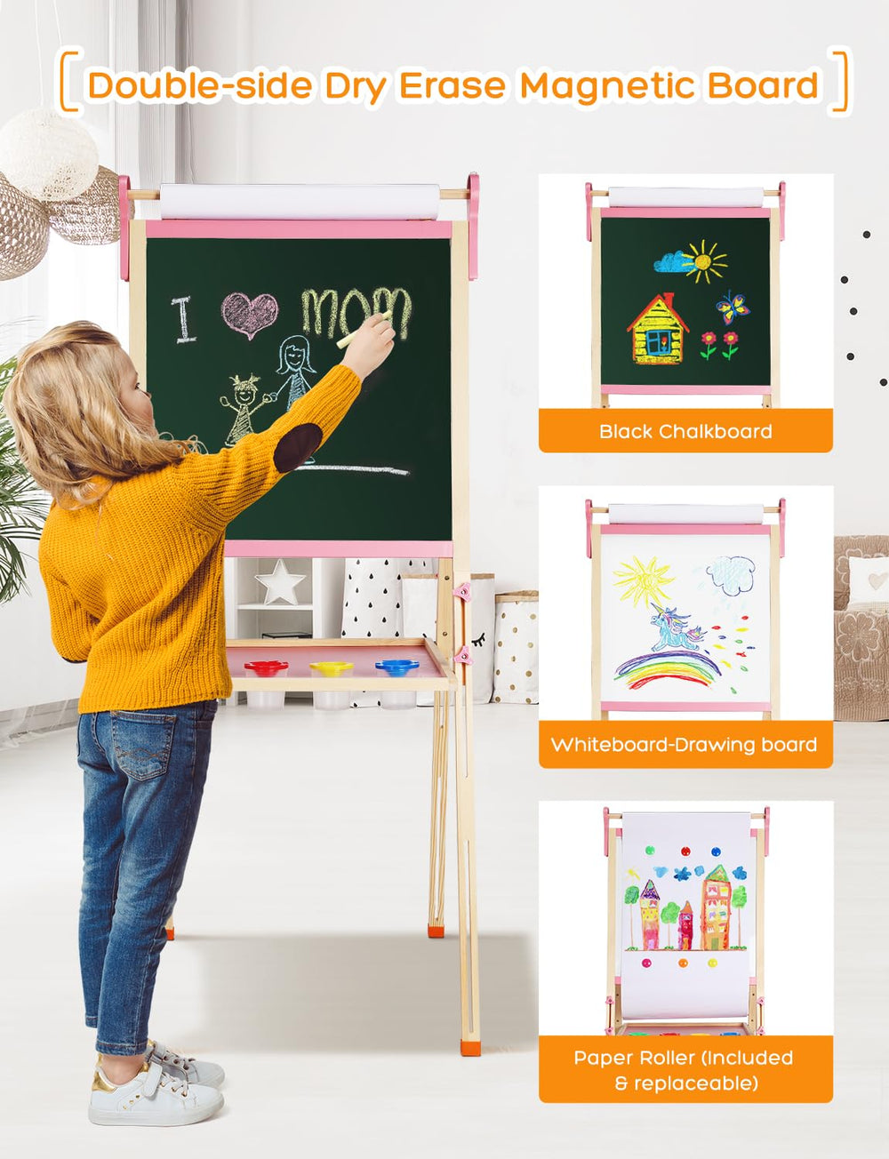 YOHOOLYO Kids Easel double-sided magnetic board encourages mess-free art.