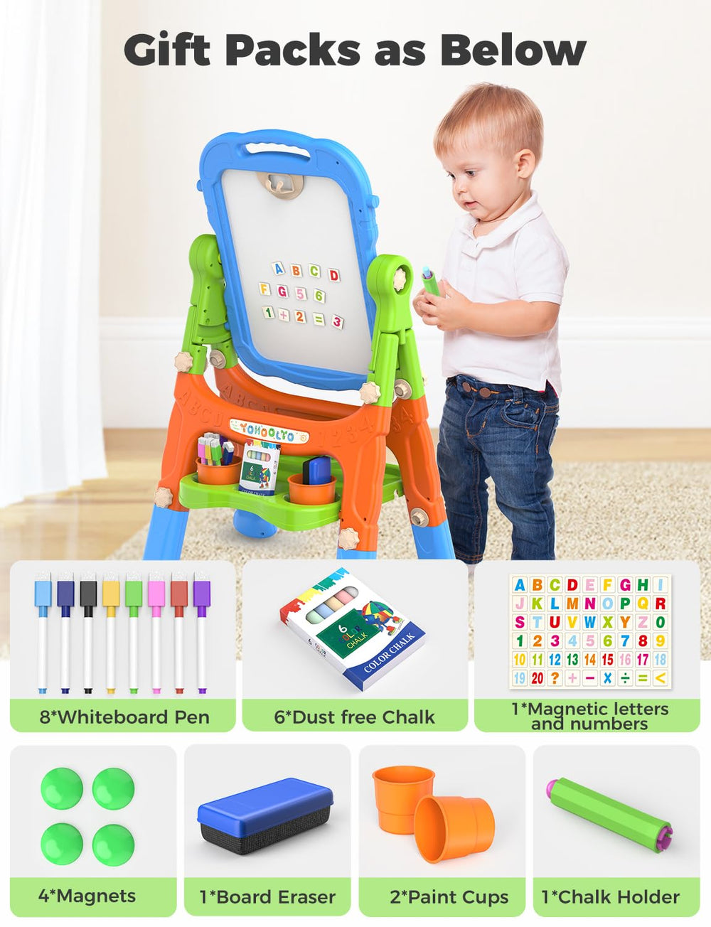 YOHOOLYO magnetic chalkboard easel supports chalk drawings and magnets