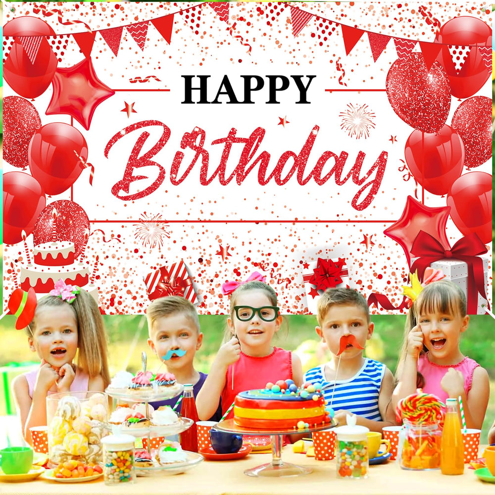 Yoirrat red white birthday banner with balloons and glitter features