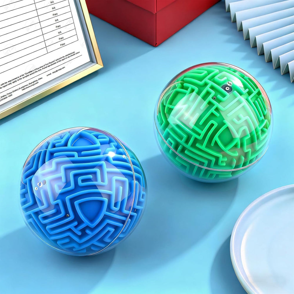 YongnKids Amaze 3D maze ball blue in hand, portable brain teaser for on-the-go play.