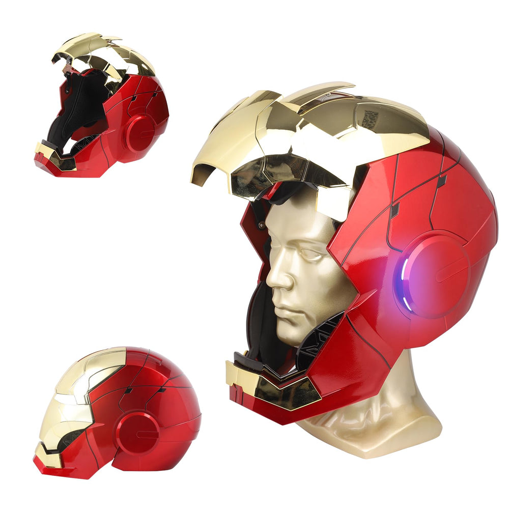 YONTYEQ Iron Hero MK5 helmet front view with LED eyes for cosplay and display