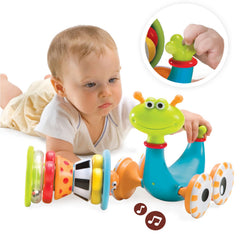 Yookidoo snail ring stack highlights stacking rings to boost fine motor skills and problem-solving.