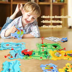 YOOYID Puzzle Racer four toy cars ready for track play.