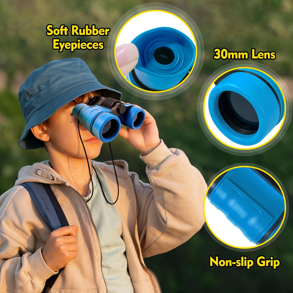 YOPINSAND kids binoculars include neck strap and cleaning cloth for outdoor use.