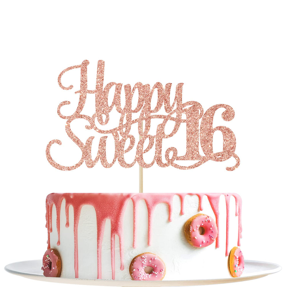 Yotawebery rose gold glitter Happy Sweet 16 cake topper adds festive shine to celebrations.