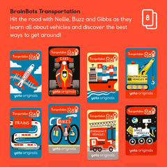 YOTO BrainBots Transportation image with Nellie, Buzz and Gibbs invites vehicle-themed stories.