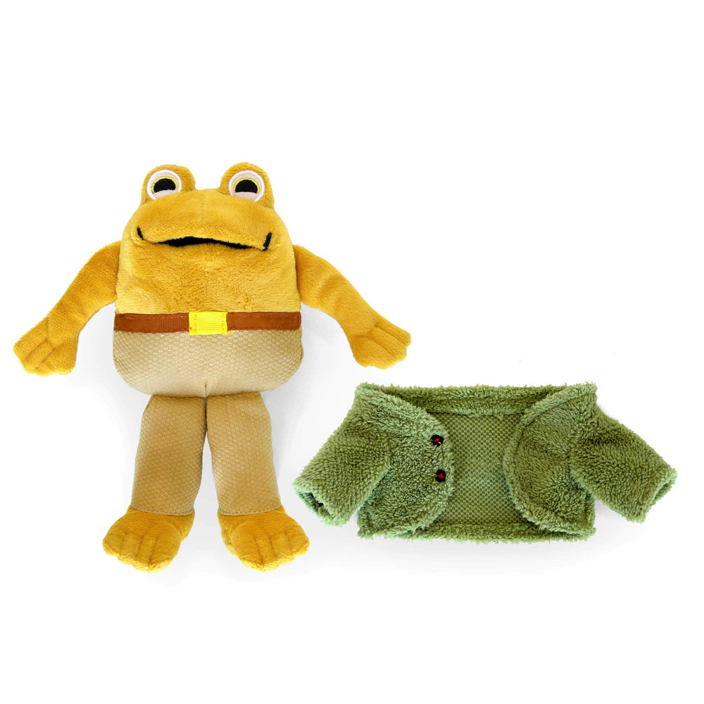 The Toad plush wears pants and a belt for a playful dress-up look.