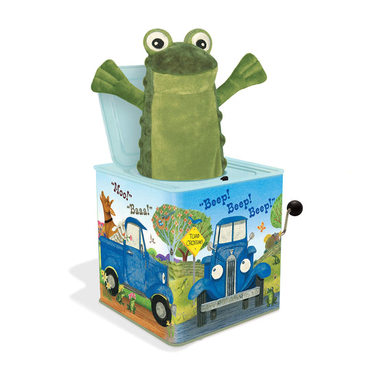 YOTTOY Little Blue Truck jack-in-the-box toy with music engaging sensory play for babies.
