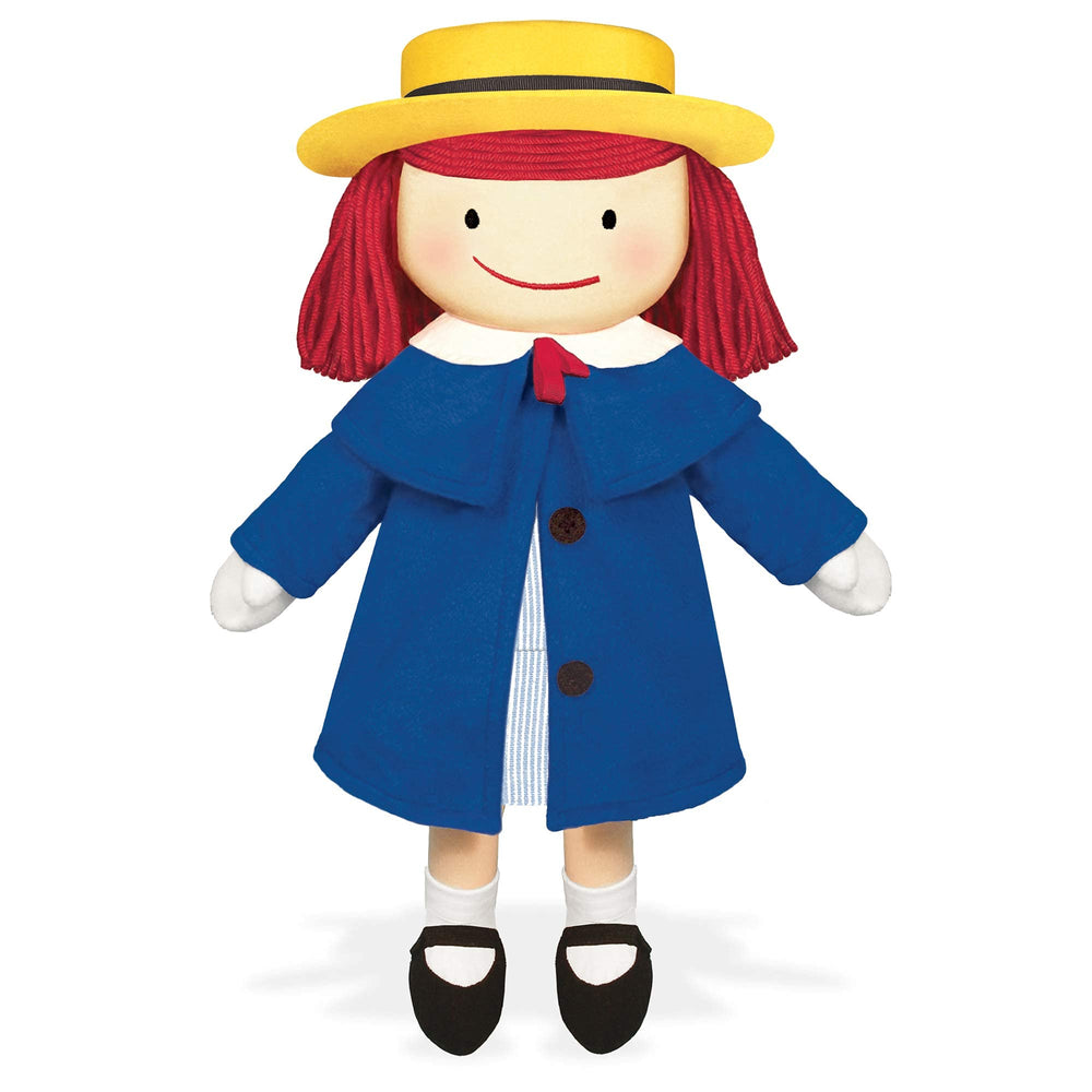 YOTTOY Madeline plush in blue coat, dress, and yellow hat for imaginative play.