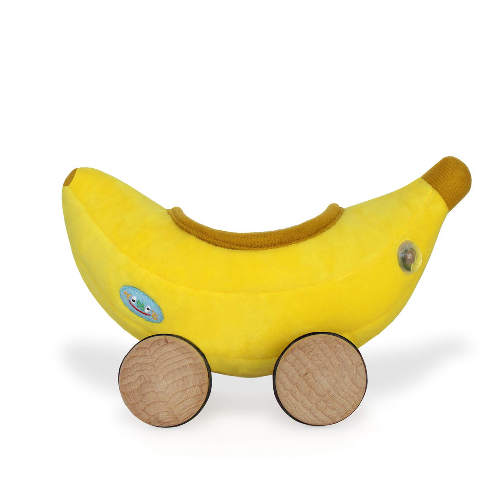 YOTTOY two-in-one plush car with wooden wheels and headlights for exploration