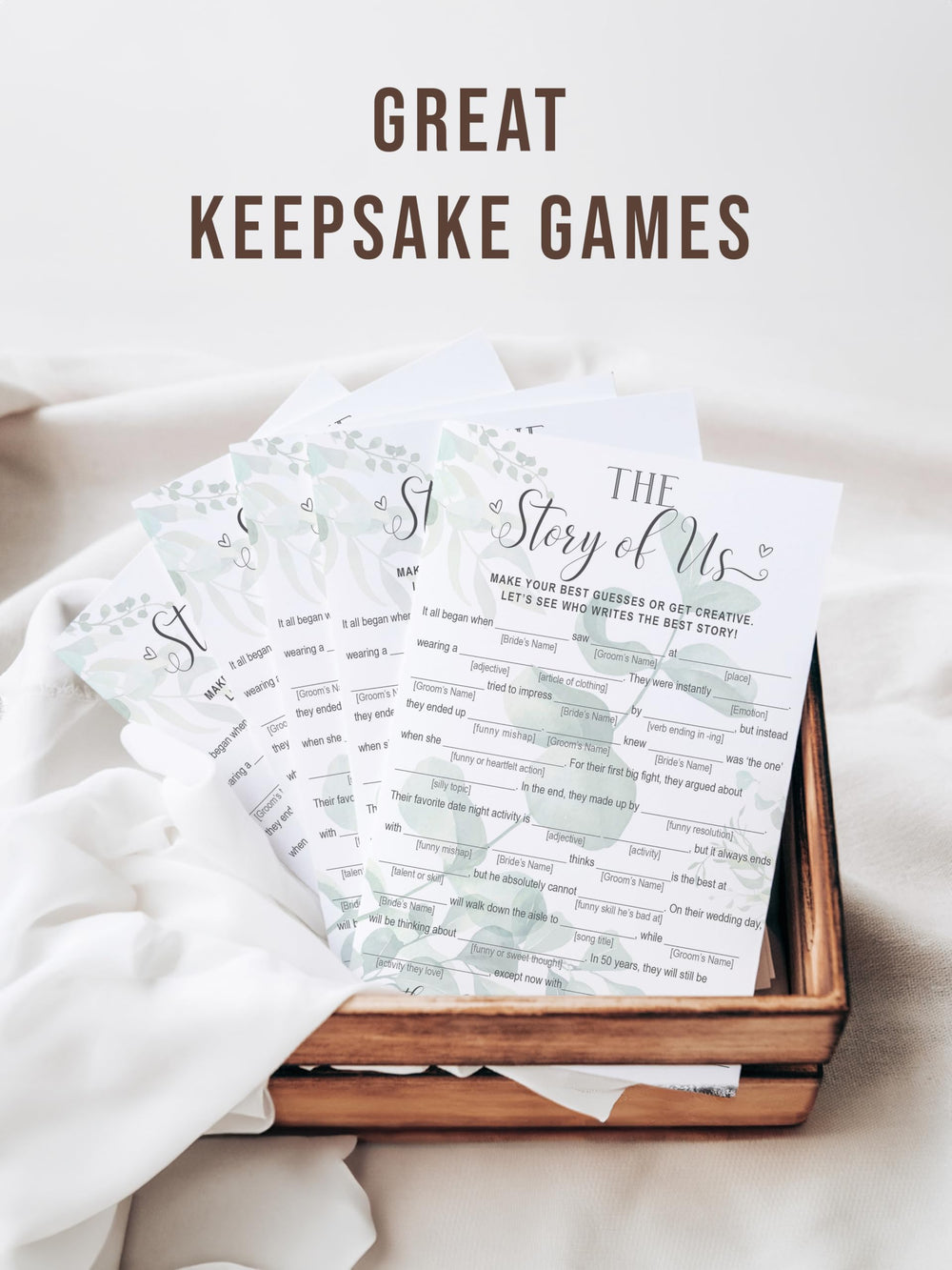Bridal shower table setup featuring Our Love Story Game cards