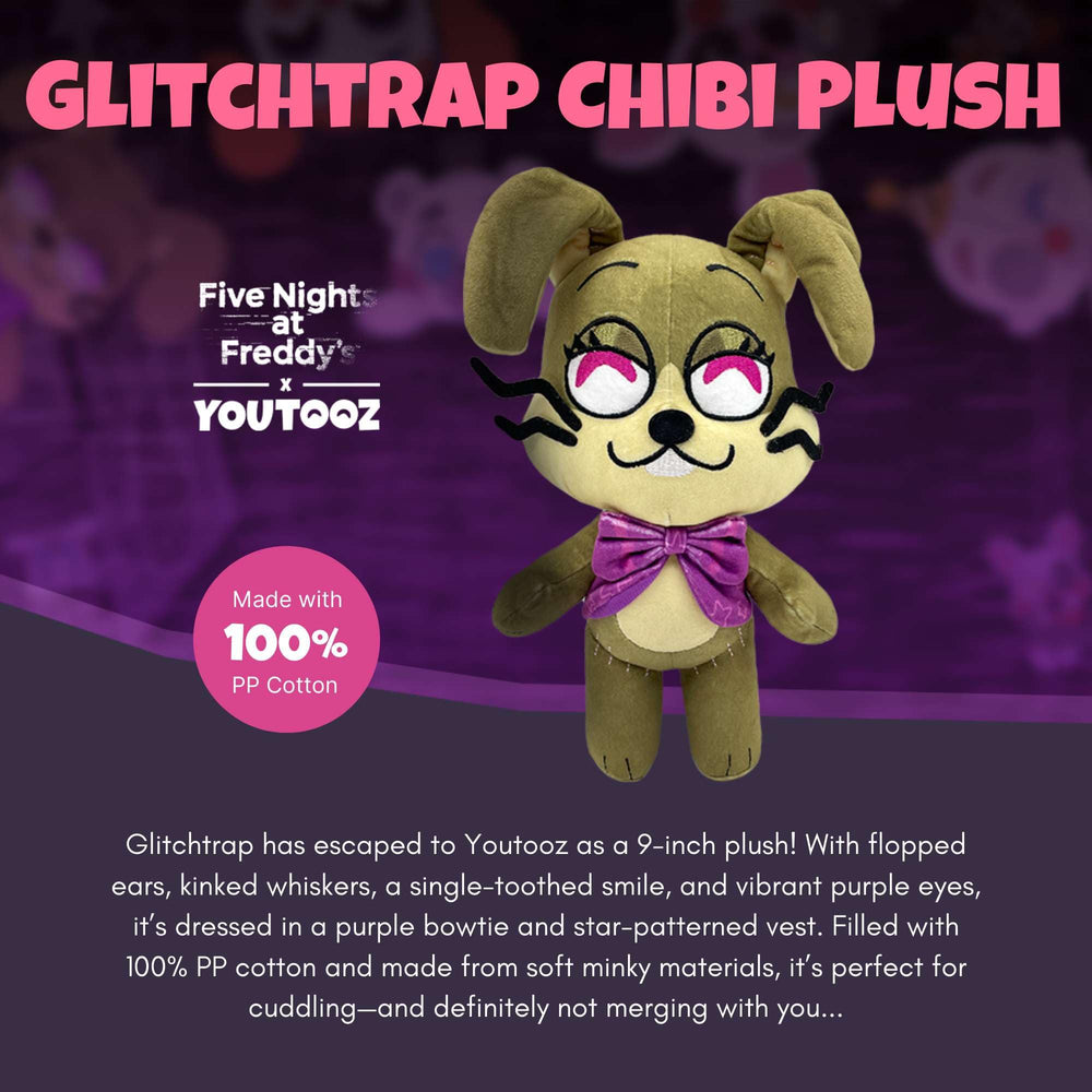 Youtooz Glitchtrap Chibi 9-inch plush side view, perfect shelf companion.