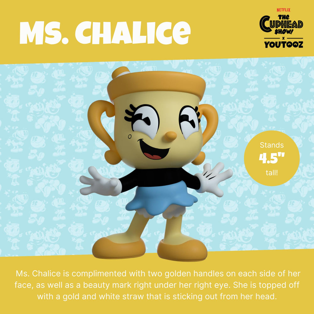 Youtooz Ms. Chalice Cuphead figure face close-up showing a charming smile.