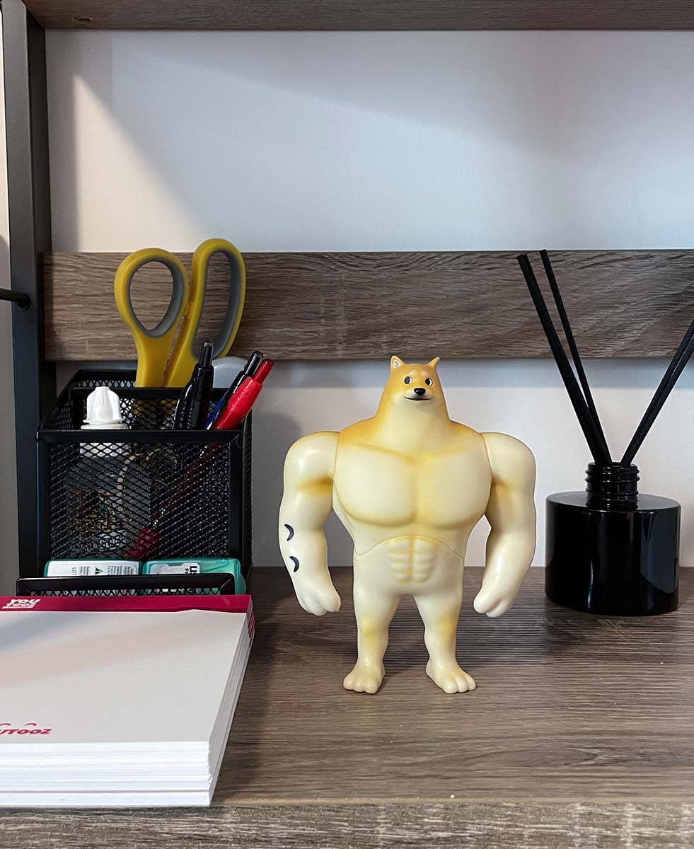 Youtooz Swole Doge desk display setup.