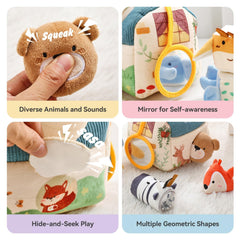 Youuys travel sensory toy includes a gentle rattle and jingle sounds.