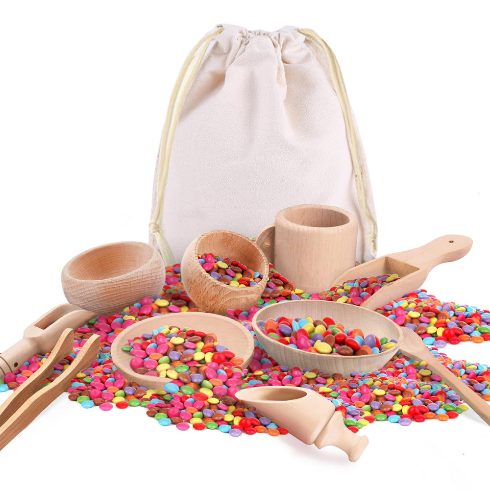 Yowlieu wooden sensory bin tools set for hands-on Montessori play and fine motor practice.