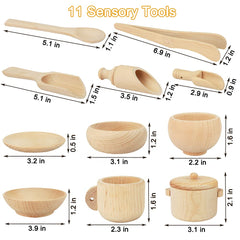 Yowlieu wooden pot, cups, bowls, and plate for pretend kitchen play.