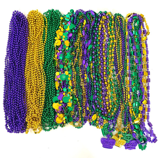YSPPF Mardi Gras beads in gold, purple, and green for festive wear and party photos.