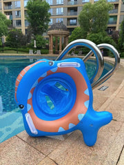 YUERFEILA shark float pictured in a pool setting during playtime.