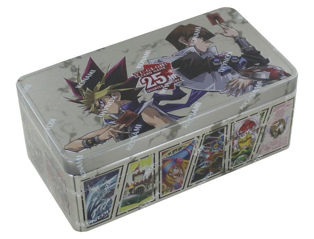 Yu-Gi-Oh! 25th Anniversary Dueling Mirrors Tin front view showcasing iconic duelists and premium art.