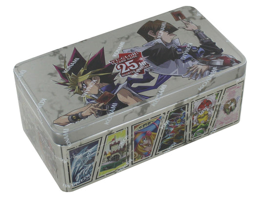 Yu-Gi-Oh! 25th Anniversary Dueling Mirrors Tin front view showcasing iconic duelists and premium art.