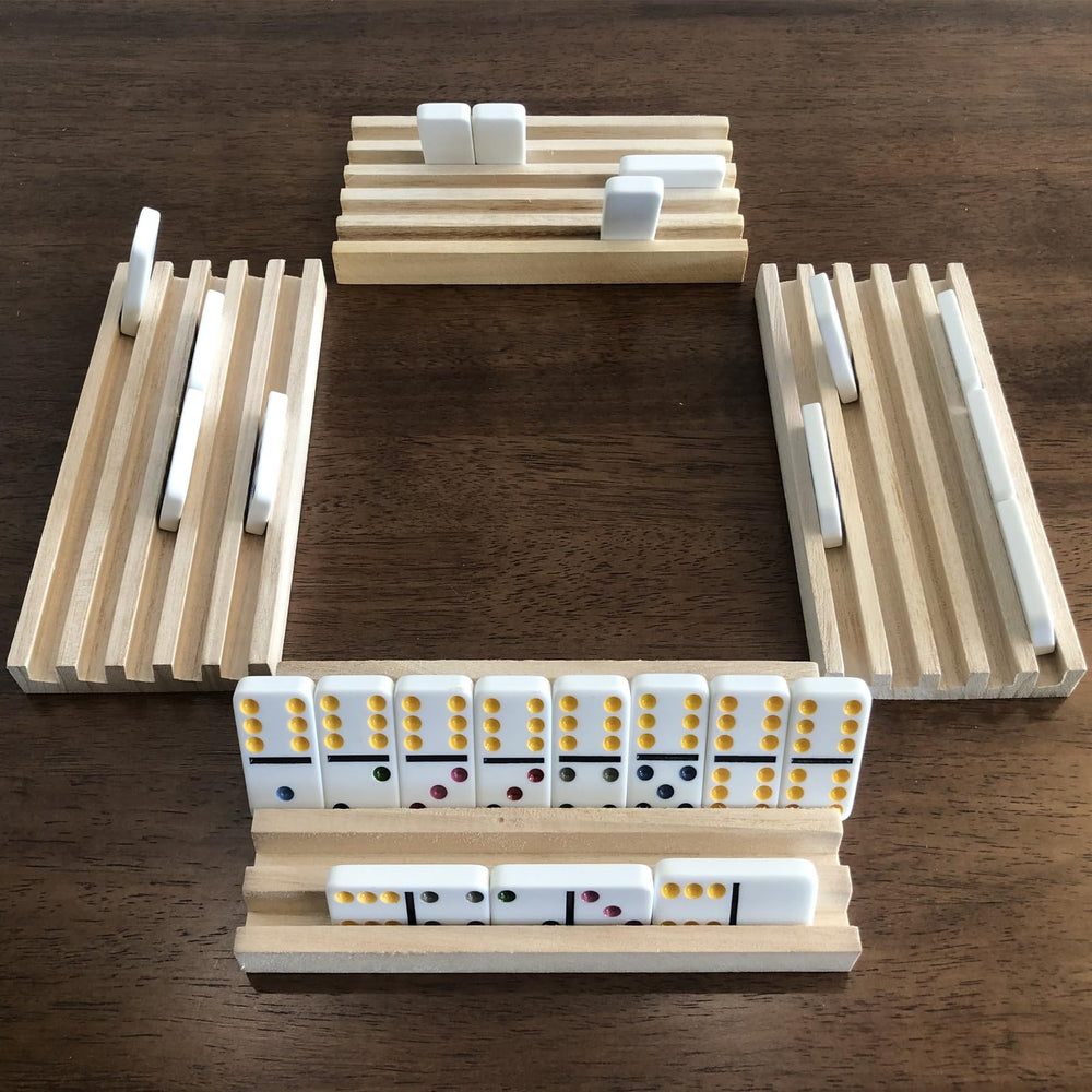Yuanhe Domino Holder Trays in use during play keep dominoes upright.