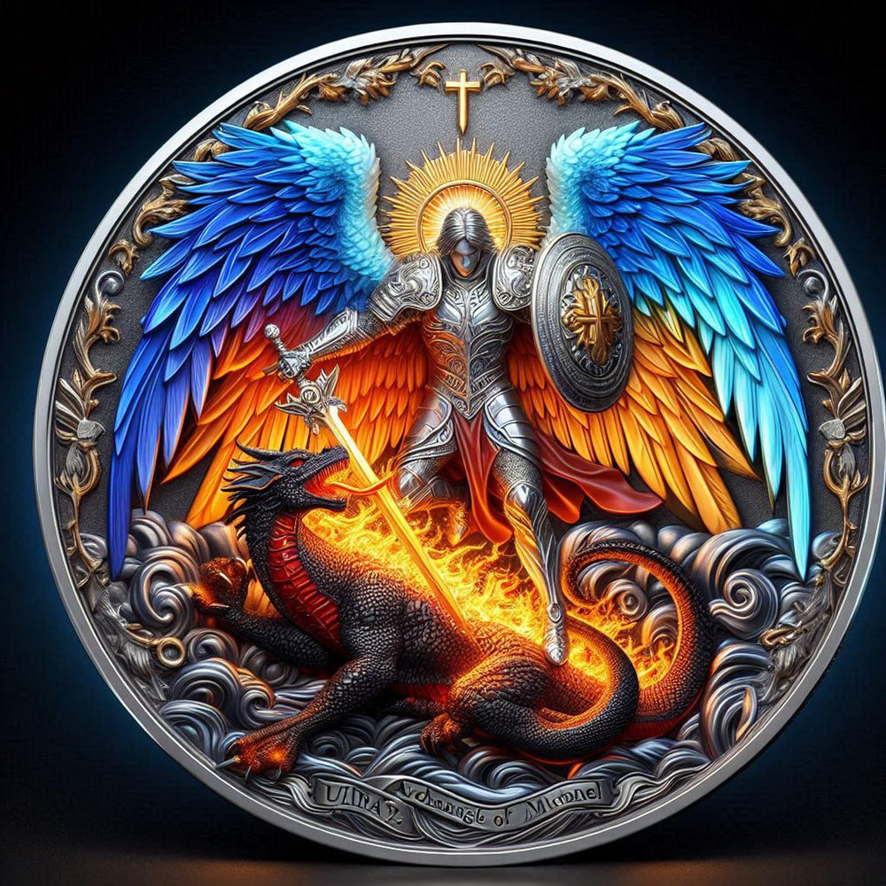 YUJUE Archangel Michael front coin design for daily inspiration and protection.