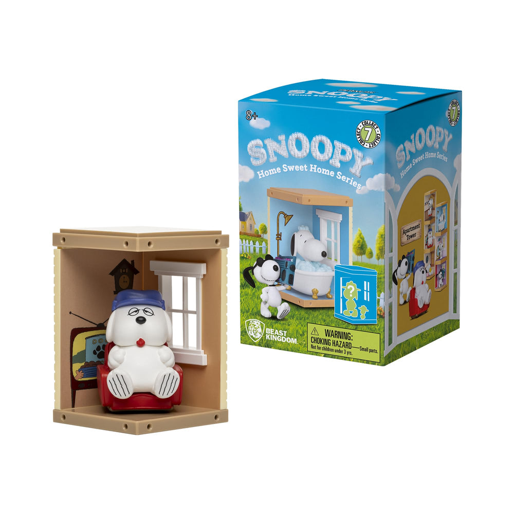 YuMe Snoopy Spike on a kitchen stool, charming window-view diorama for desks.