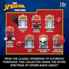YuMe Spider-Man Tower Series futuristic Spidey figure showcases dynamic design for display shelves.