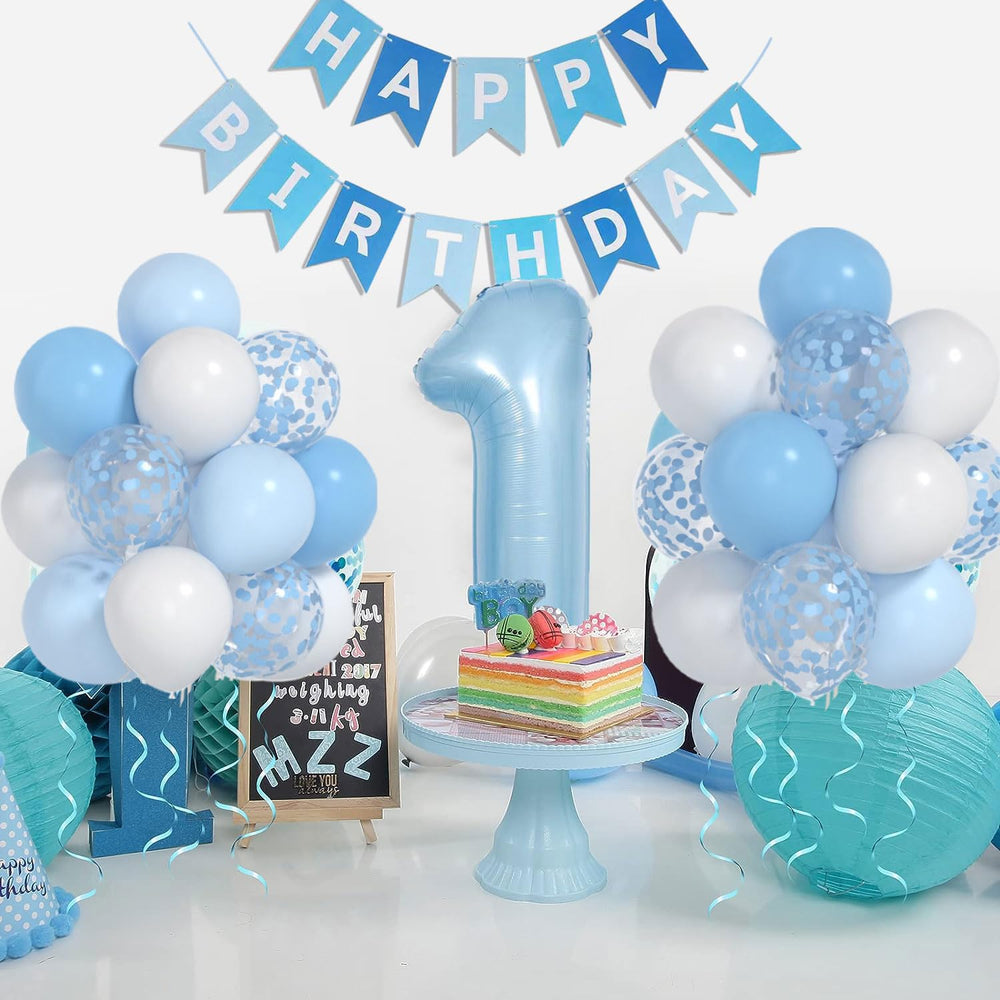 Yumiche white 12-inch balloons add clean contrast to the blue theme