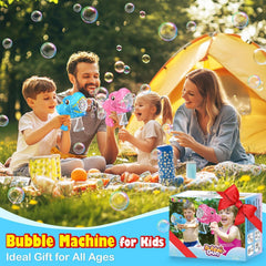 Kids playing with Yunaking dinosaur bubble guns outdoors