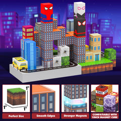 Kids building with YUNGOWN blocks in a spider-themed setup