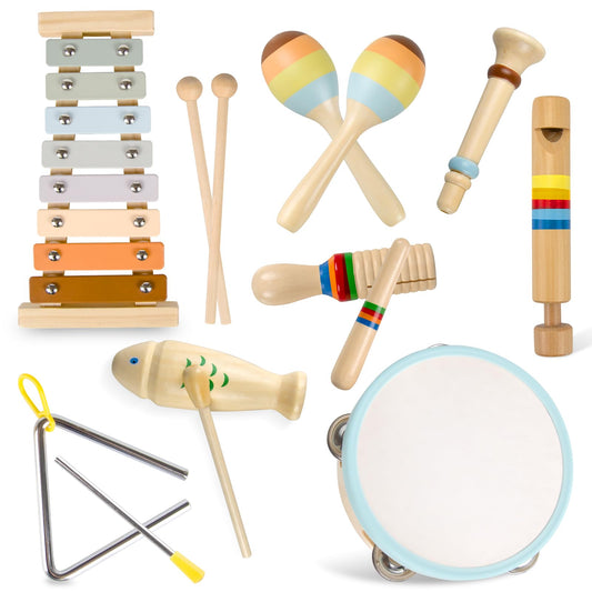 YUNLX wooden eight-instrument set for toddlers boosts fine motor skills.