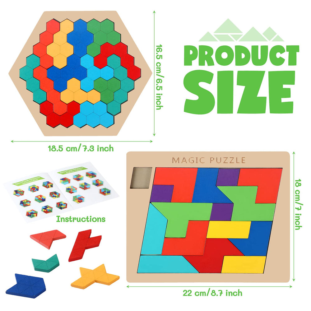 Yunsailing hexagon tangram pieces close-up highlighting colorful wooden blocks and smooth edges