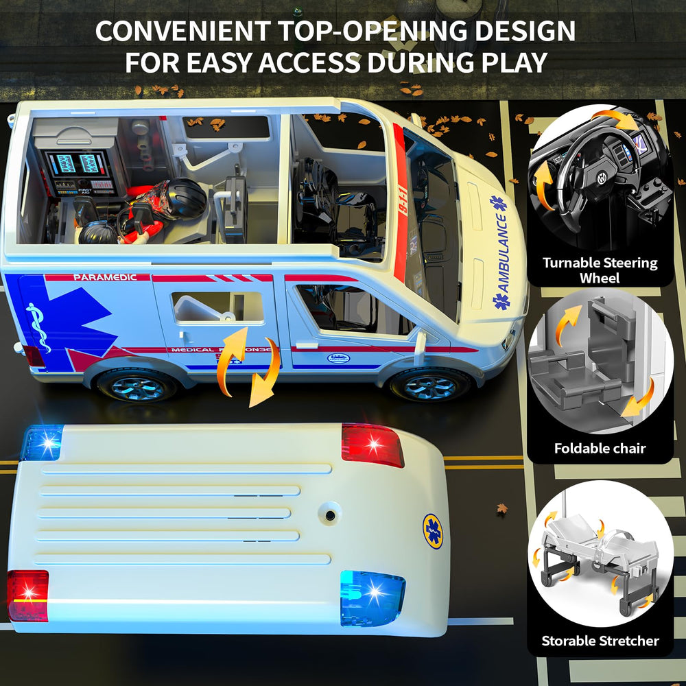YunWings ambulance toy open-roof design enables easy access during play