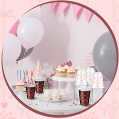 Yuxung pink bow cups for hot or cold drinks.