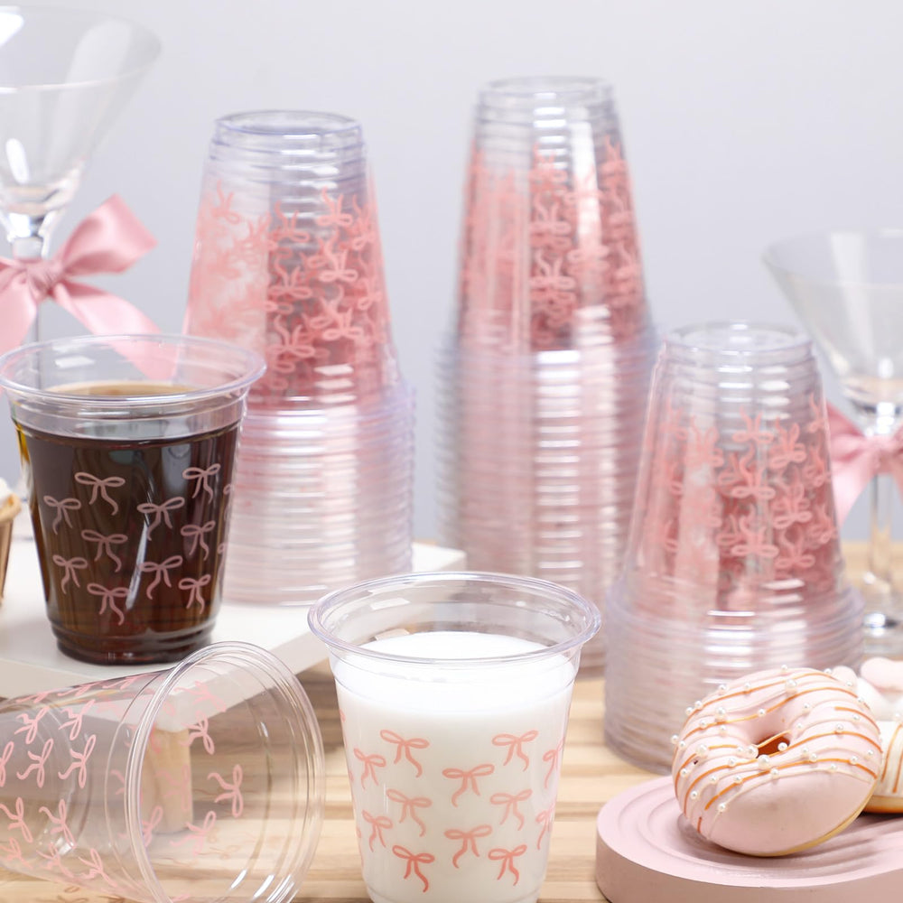Yuxung 50-pack pink bow cups in packaging.