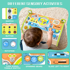 Yuyctwg Montessori Car Busy Board lights engages sensory exploration through buttons and sounds.