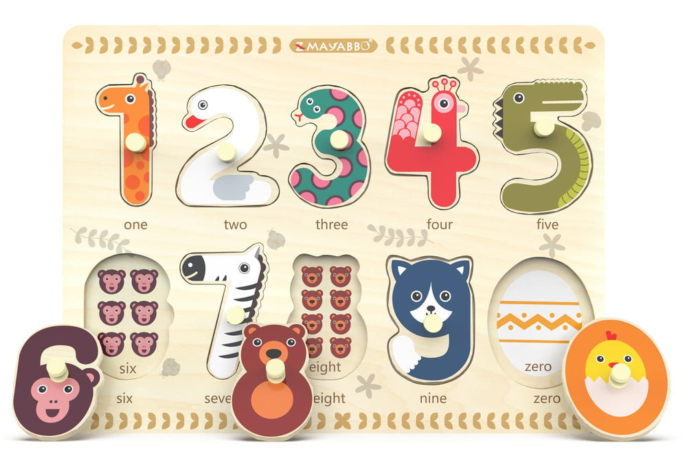 Z MAYABBO wooden puzzle with numbers and pictures enhances early number recognition.