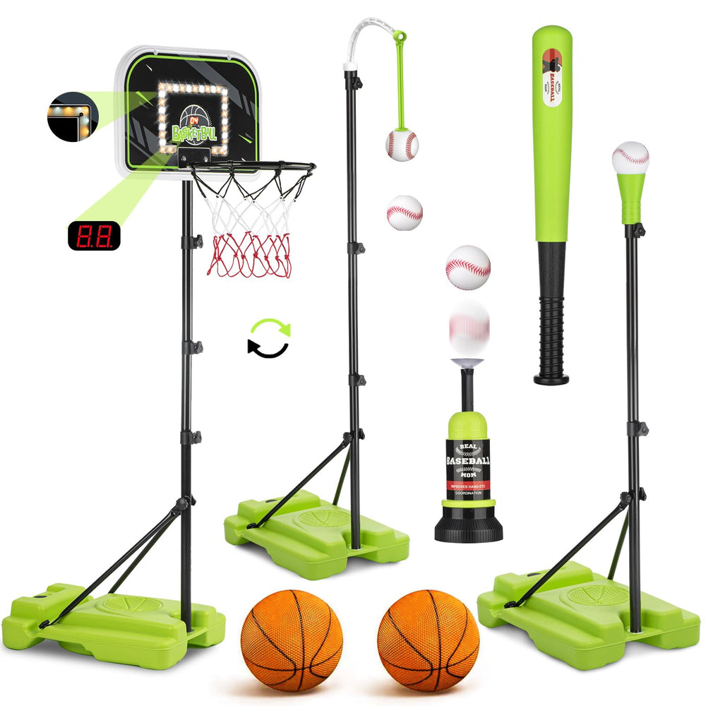 ZACEAC four-in-one kids basketball hoop and t-ball set with adjustable height.