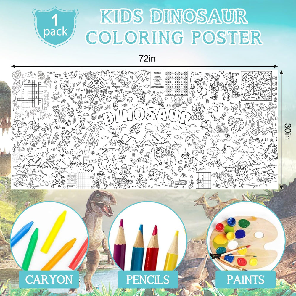Zachely dinosaur tablecloth poster doubles as a playful backdrop.