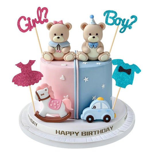 Zafena bear toppers pair for gender reveal cake adds whimsy to celebrations