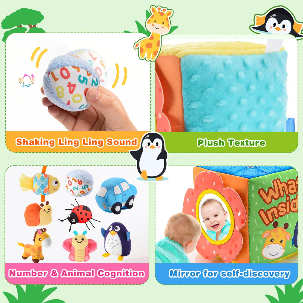 ZapWhiz plush toys with crinkly sounds stimulate cause-and-effect play.